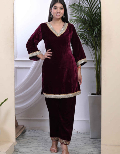 Wine Velvet Embroidered Indowestern Co ord Set Festive Wear